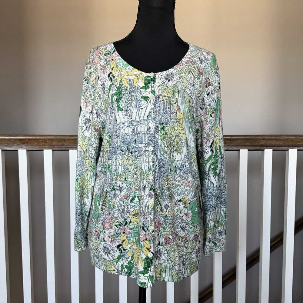 Talbots Glasshouse Garden 3/4 Sleeve Cardigan Sweater Botanical Large Cottage
